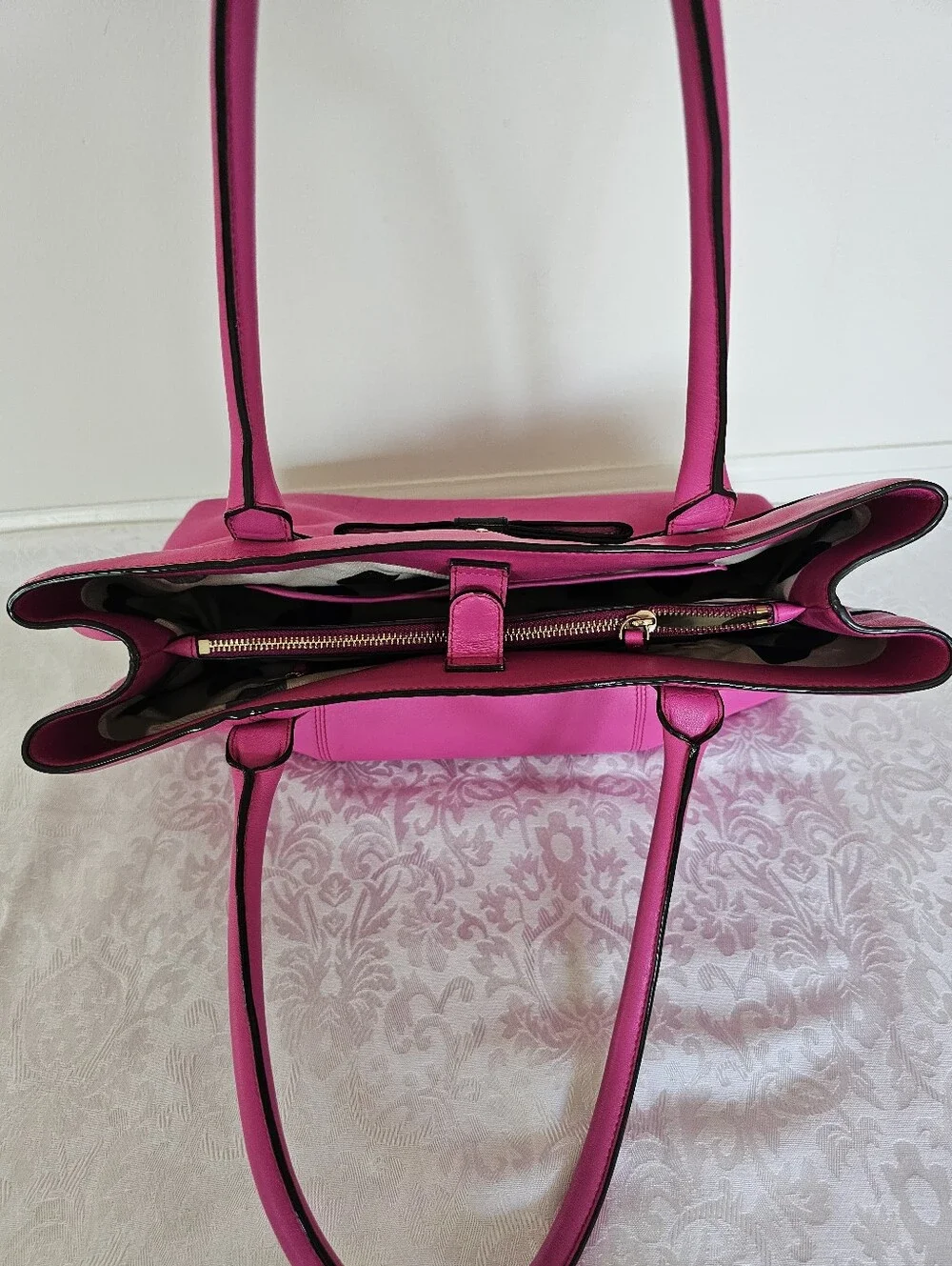 Kate Spade Rosa Mount Pink Leather Tote with Black Trim and Patent Leather Bow
